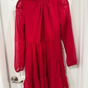 Trixxi Red Swiss Dot Tiered Long Sleeve Dress